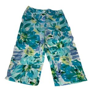 S.L.B. Womens Teal Blue Floral 100% Linen Wide Leg Cropped Pants Size 14